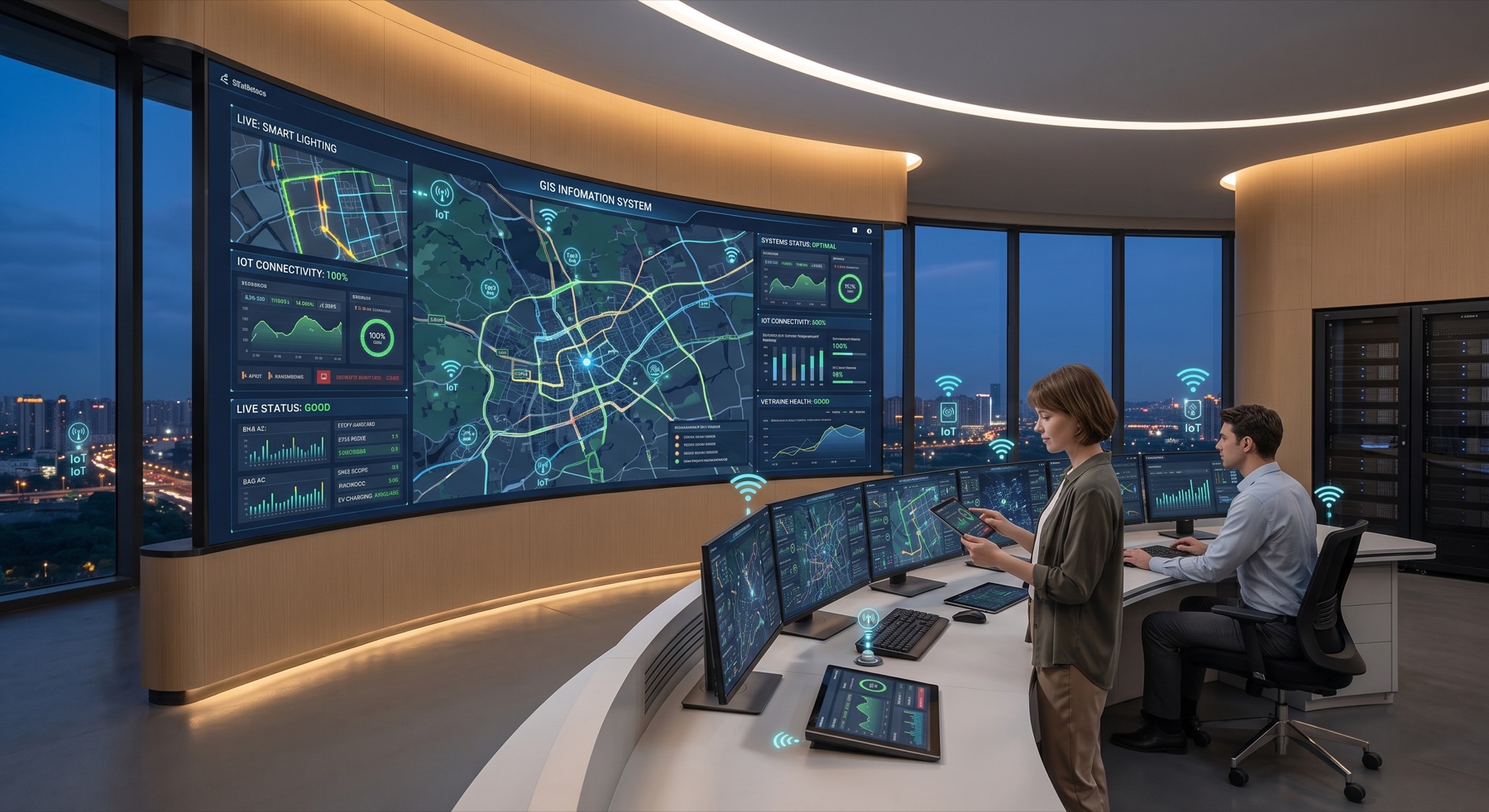 Operators at a curved-screen SmartNet control center monitoring a live city map and KPI dashboards