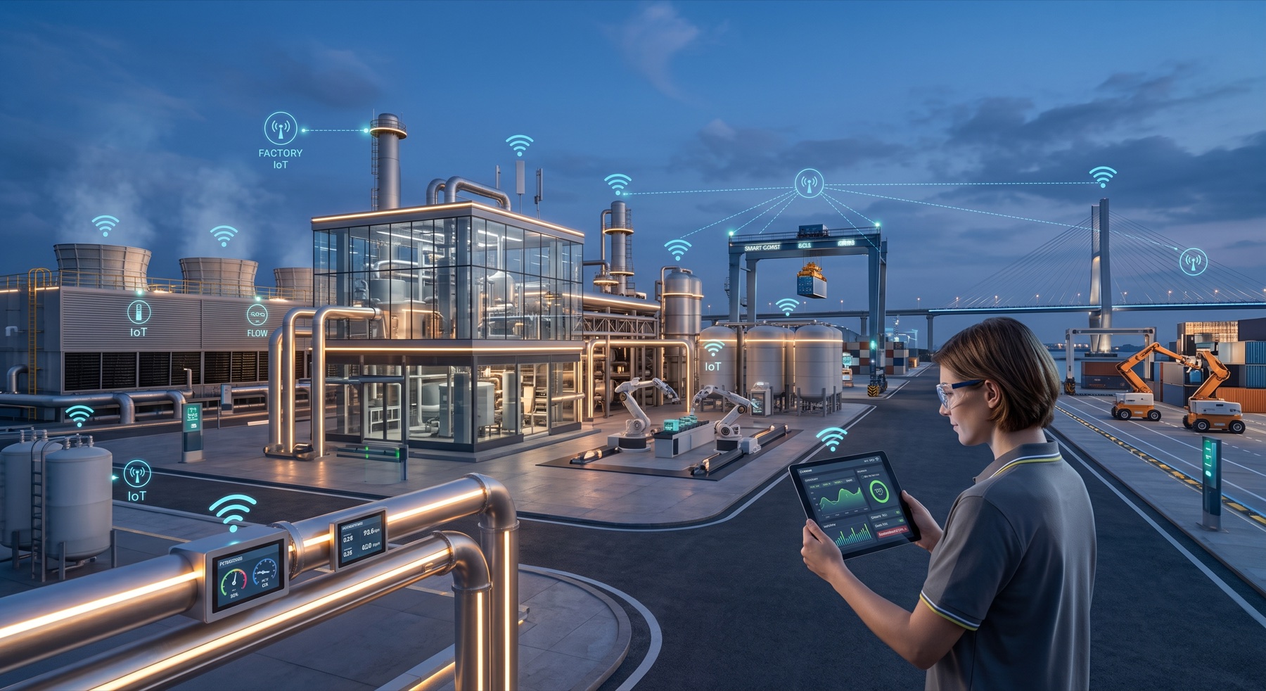 Engineer with a tablet at a coastal industrial facility with IoT signal icons hovering over pipes and stacks at dusk