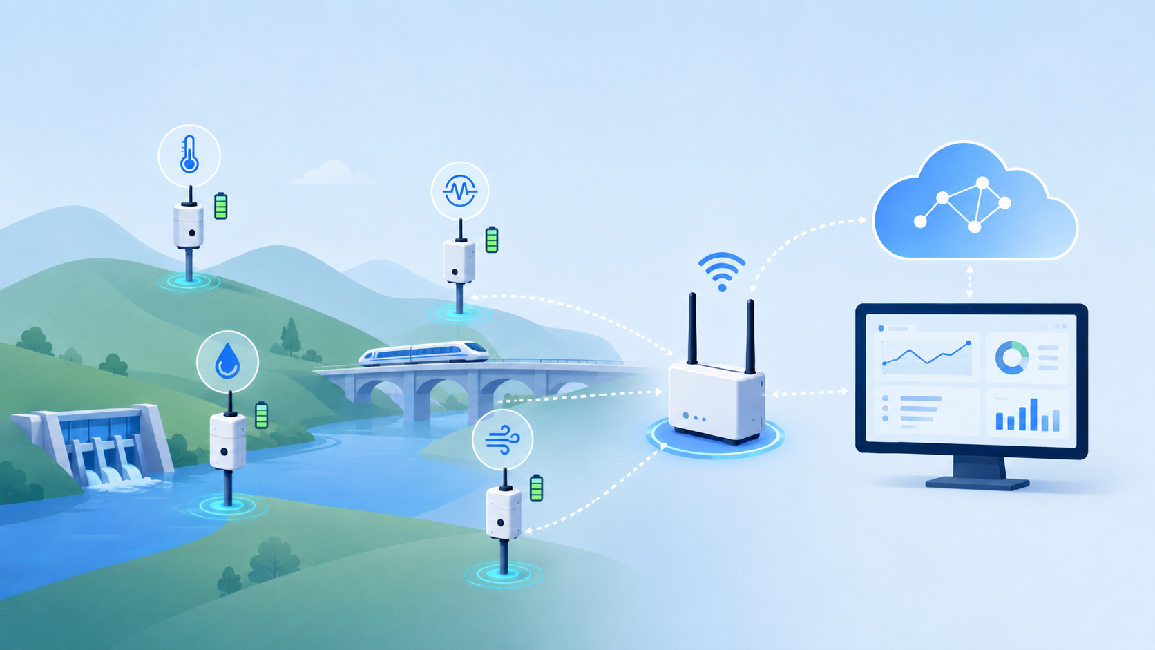 Low-power wireless IoT sensors deployed across the field, transmitting data to central management systems