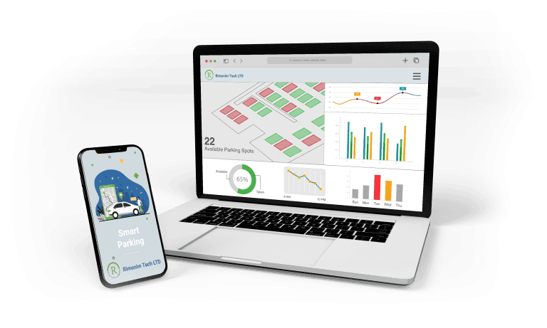 Rimonim Tech Smart-Park dashboard on a laptop with a companion mobile app showing live parking availability
