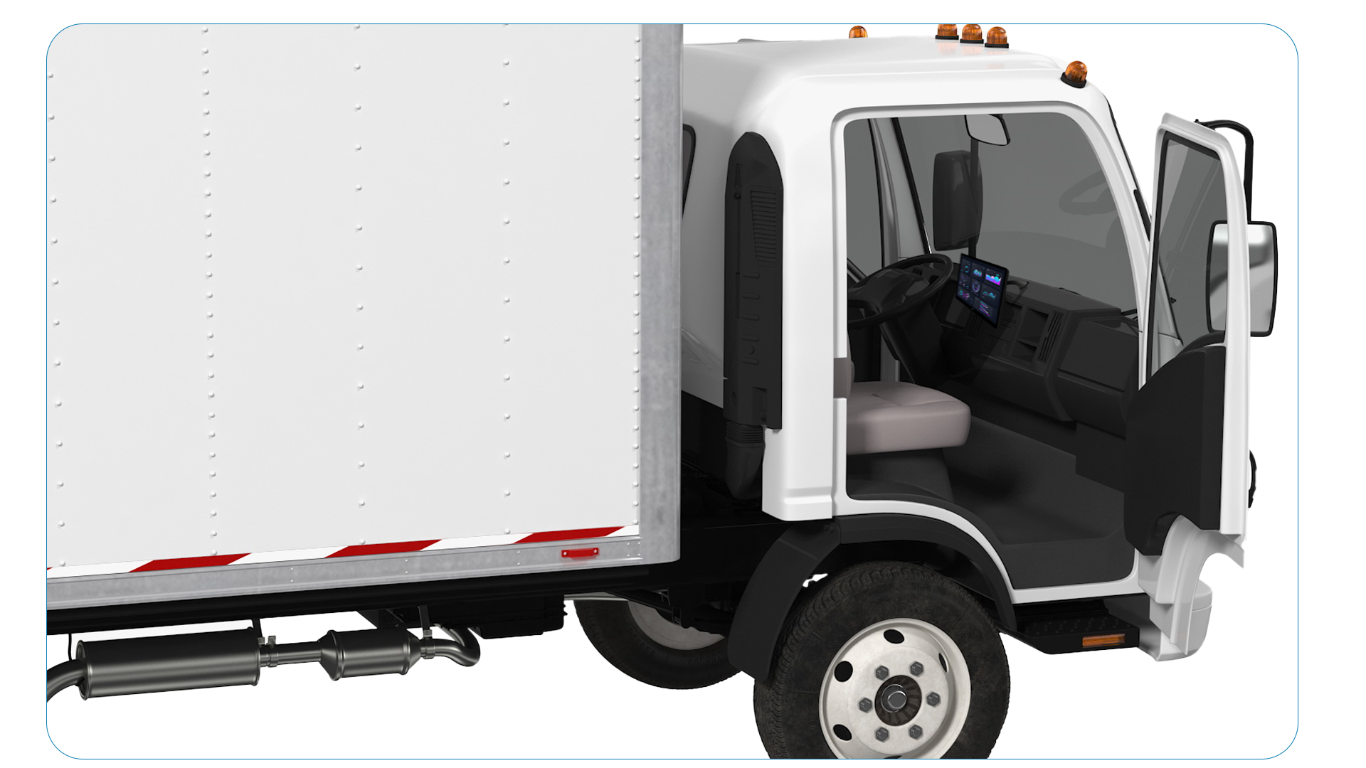 Waste collection truck with the cab door open, showing an in-cab display with the Rimonim Tech management screen