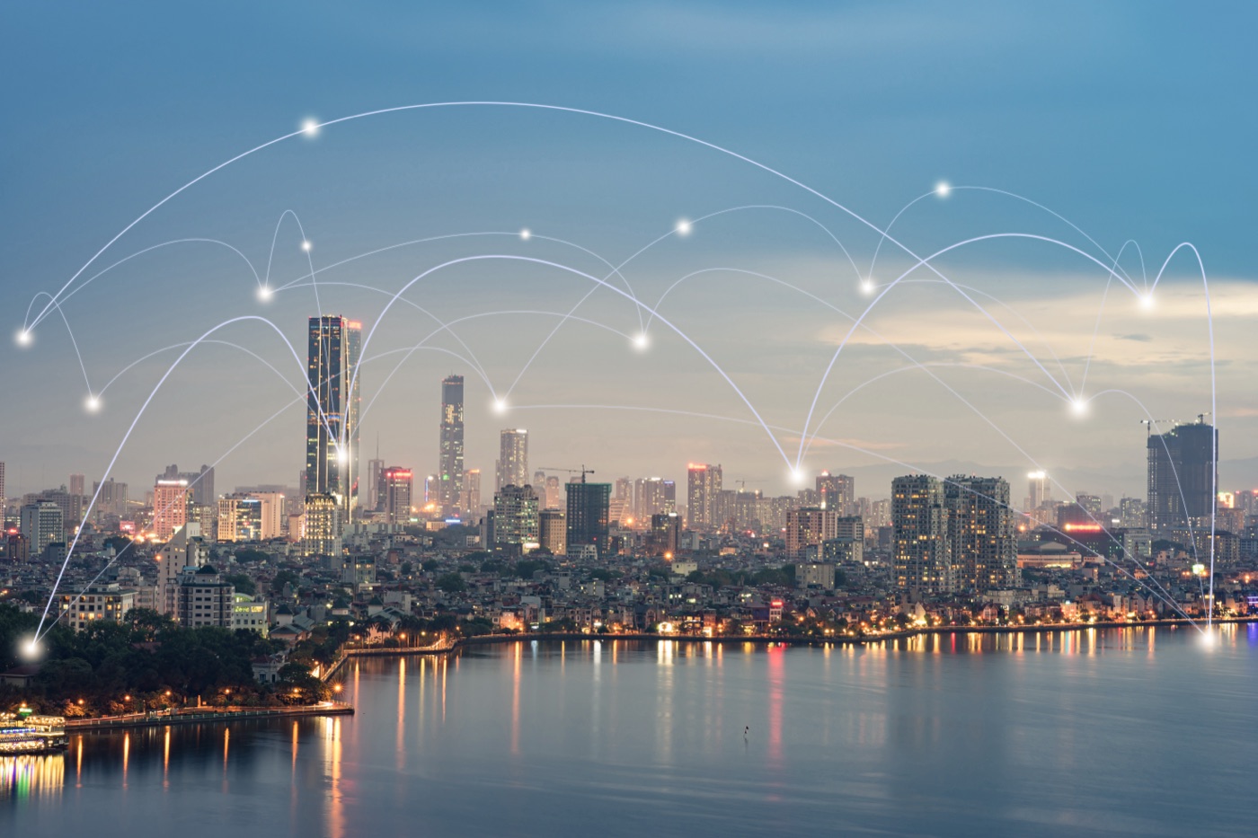 City skyline with connected data overlay