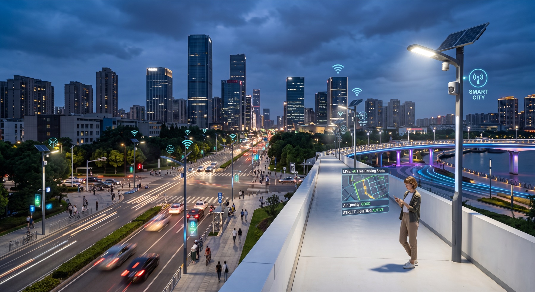 Rimonim Tech smart-city pole with solar-powered IoT sensor overlooking an urban skyline at dusk