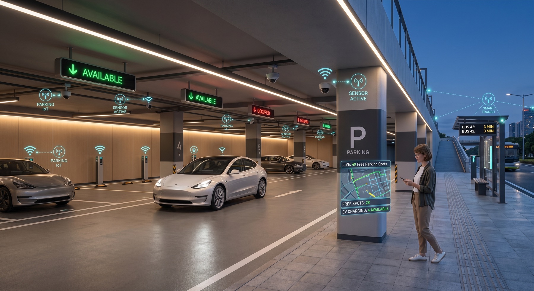 Underground parking garage with green AVAILABLE signs and a driver at a smart wayfinding kiosk