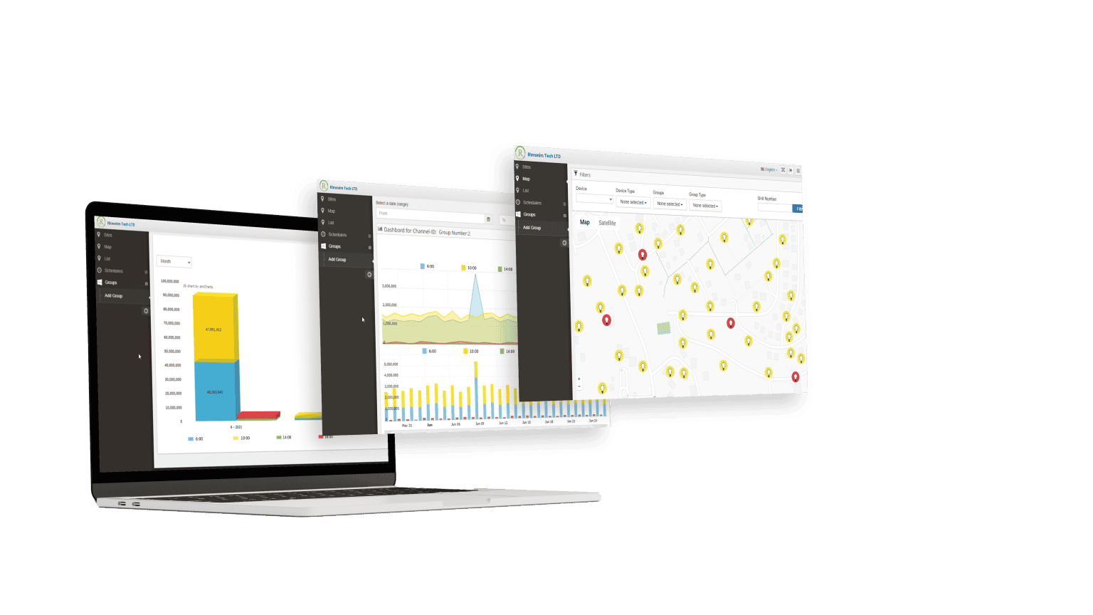 Rimonim Tech street-lighting management platform shown on a laptop with a connected control center in the background