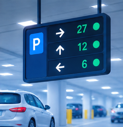 Digital signage guiding drivers to available parking spaces