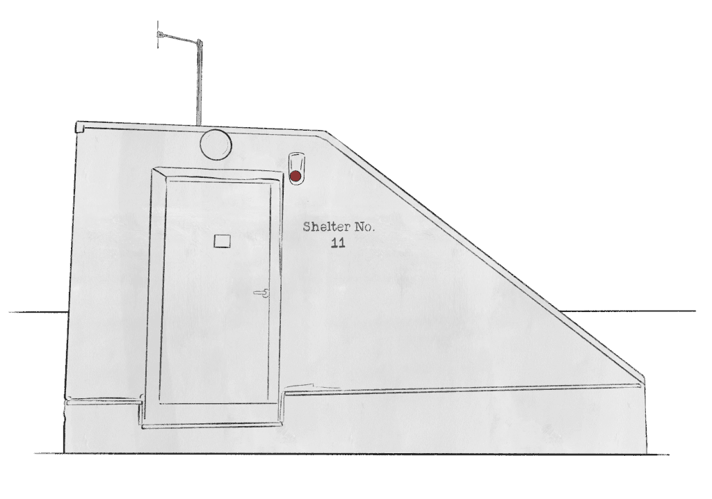 Sketch of a shelter exterior with door, lock indicator and air-intake sensor marked